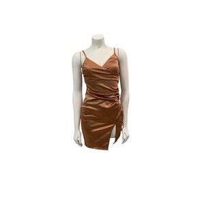 Windsor Mini Dress Small Copper Brown Excellent Ruched Satin Bodycon Slit